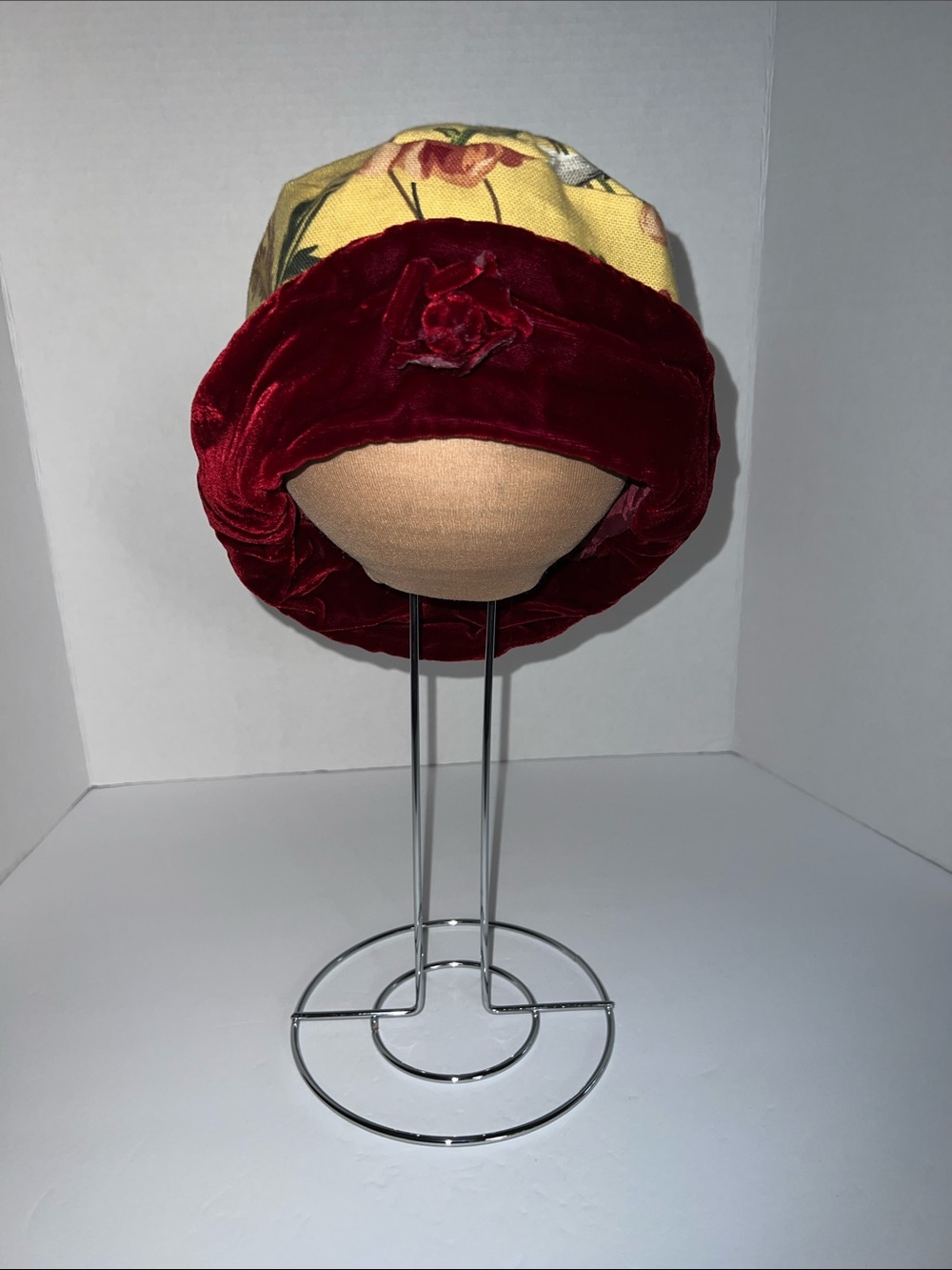Decorative Velvet and Floral Accent Hat - Red and Yellow
